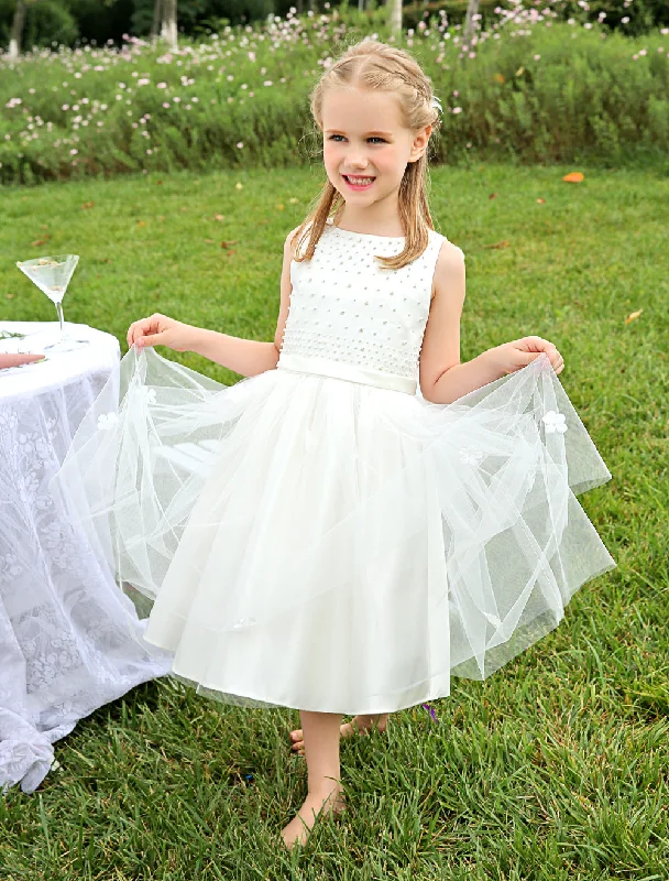 Ivory Boho Pearls Beaded Satin Sash Short Kids Toddlers Party Tutu Dress End Of Season Sale