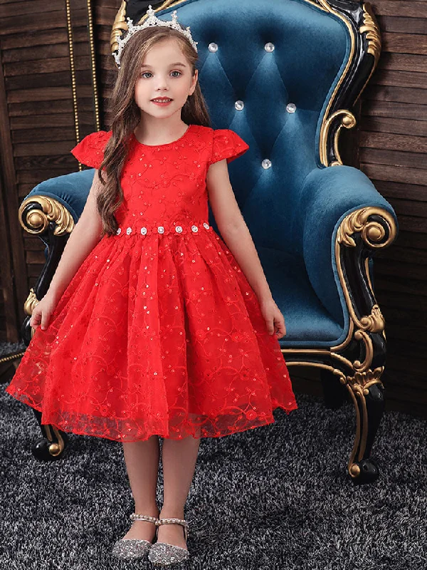 Jewel Neck Polyester Cotton Short Sleeves Short Princess Flowers Kids Social Party Dresses Cottagecore Rustic Charm Style