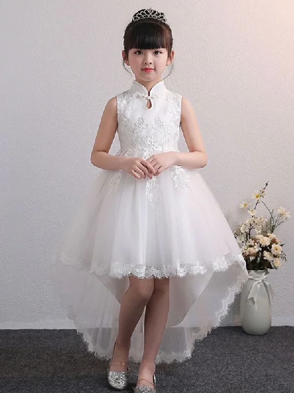 Designed Neckline Tulle Sleeveless Short High Low Princess Embroidered Kids Party Dresses Fashion-Forward Style