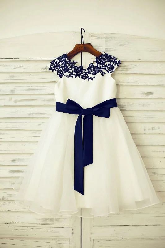 Navy Blue Lace Ivory Satin Organza Flower Girl Dress, Belt Wardrobe Essentials