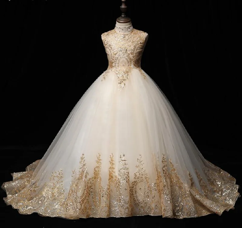 Golden Sequin Lace Ivory Tulle Ball Gown Wedding Flower Girl Dress Kids Party Limited - Stock