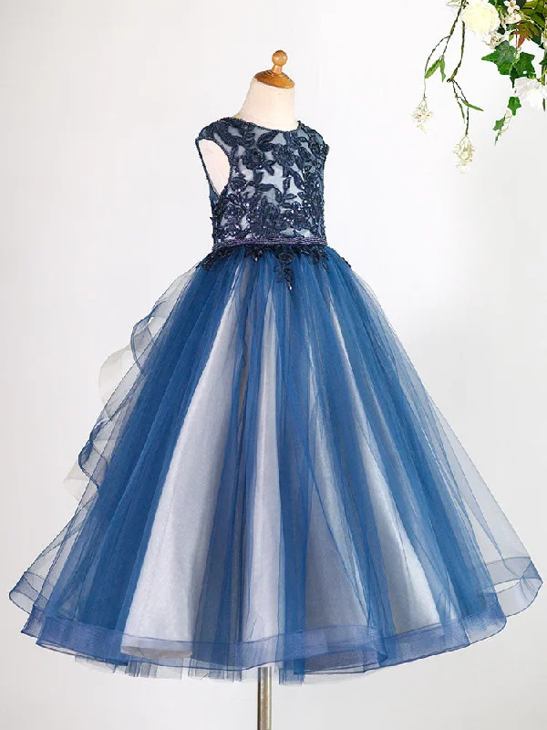 Jewel Neck Tulle Sleeveless Floor Length Princess Lace Kids Social Party Dresses Casual Weekend Relaxed Style