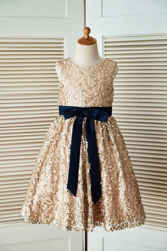 Champagne Gold Sequin Wedding Flower Girl Dress, Belt Style Upgrade