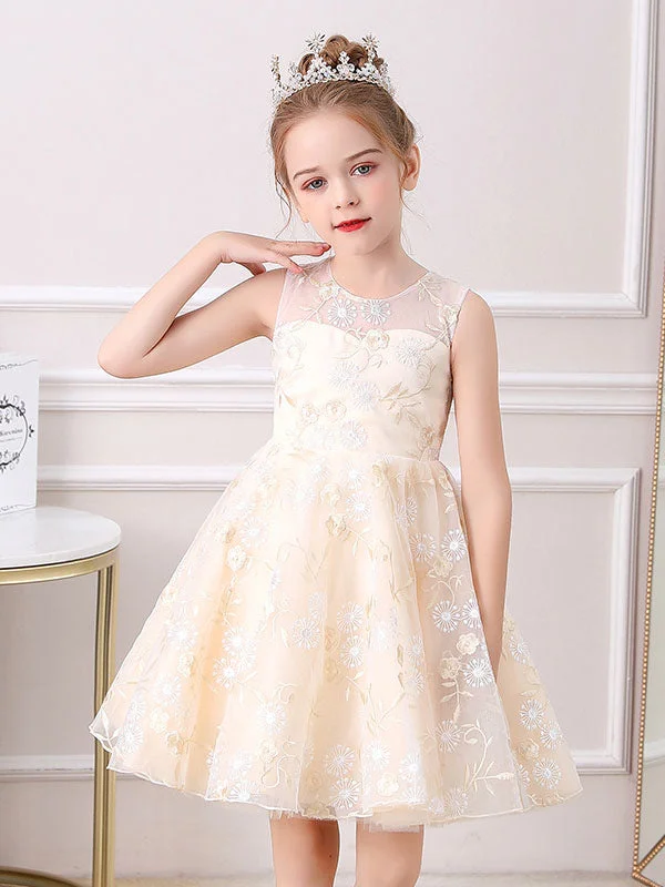 Champagne Color Jewel Neck Sleeveless Bows Kids Social Party Dresses Clearance Event