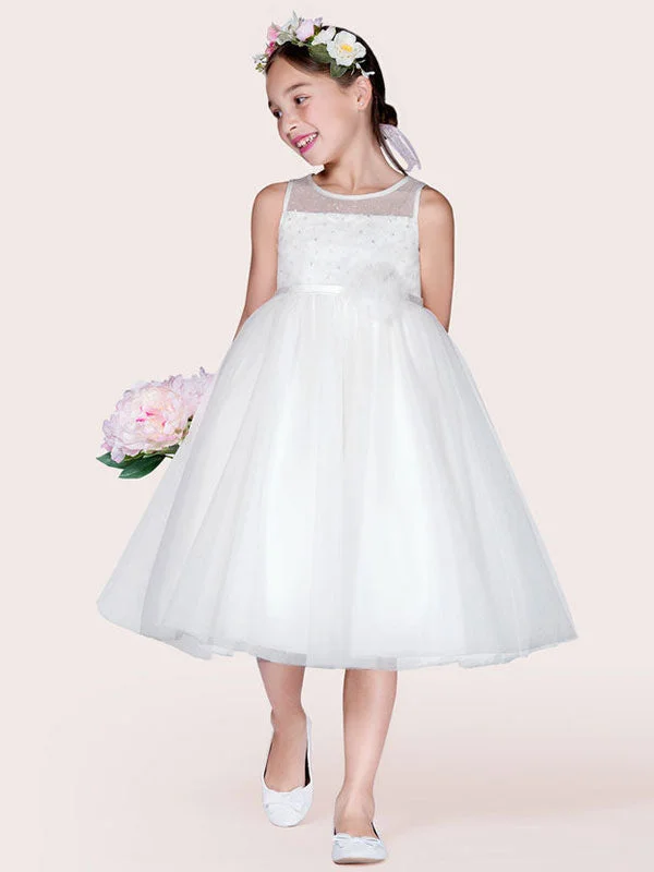 Ivory Tulle Jewel Neck Sleeveless A-Line Beaded Kids Social Party Dresses Spring Fashion