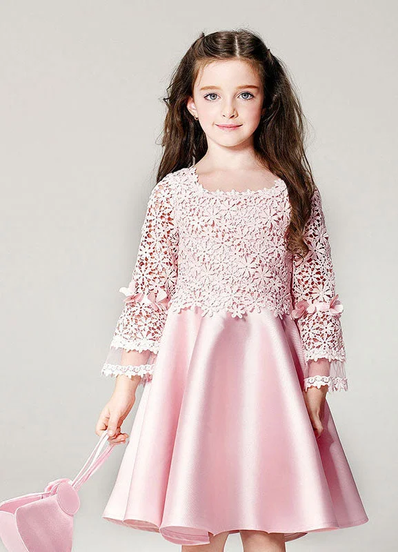 Blush flower girl dress Boho Princess Lace Satin Bell Long Sleeve Flowers Short Pageant Skater Dress Chic Urban Fashion Look