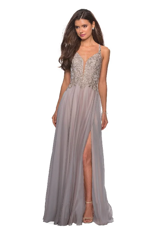 Women's Clothes For Outdoor Events La Femme 27729 - Plunging Gold Lace Slit Gown