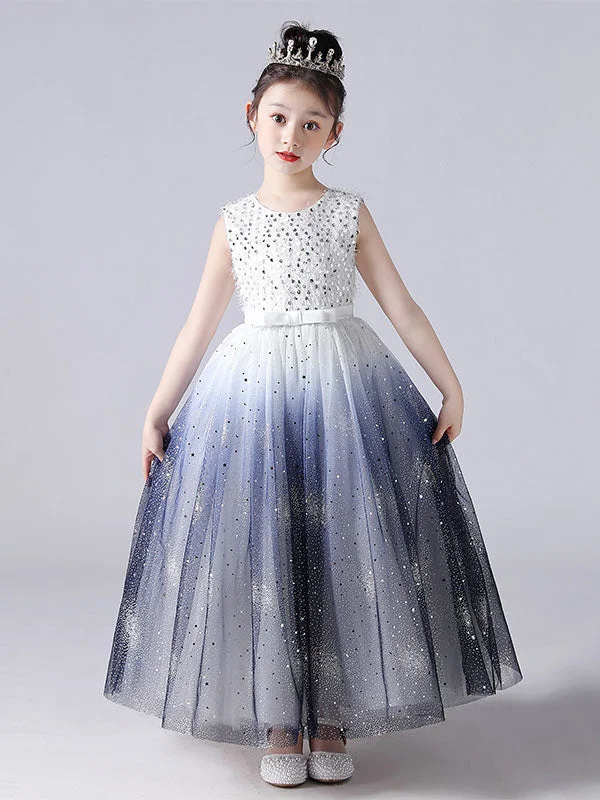 Ink Blue Jewel Neck Sleeveless Sequins Kids Social Party Dresses Princess Dress Style Upgrade