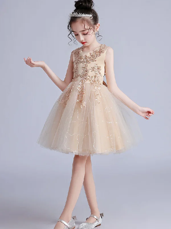 Pink Jewel Neck Short Sleeves Embroidered Formal Kids Pageant flower girl dresses Effortless Sophistication