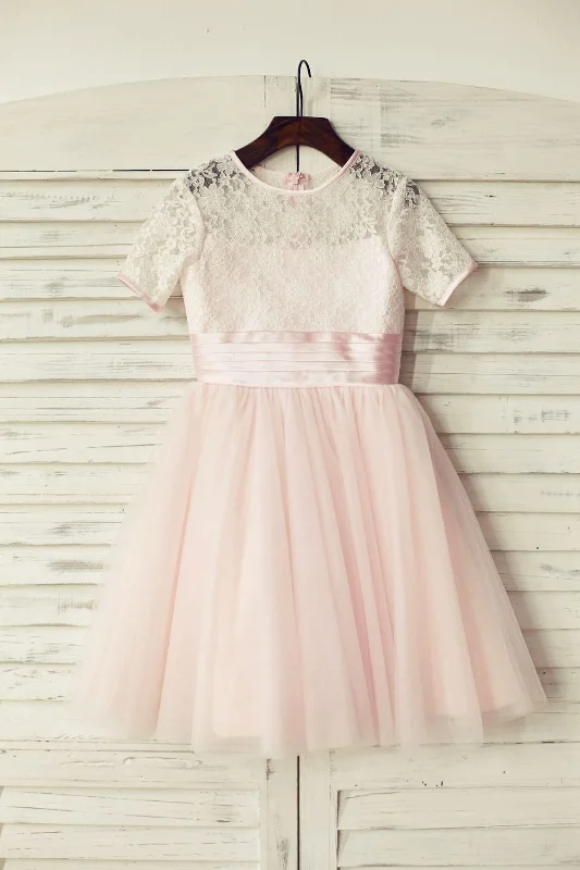 Short Sleeves Pink Lace Tulle Flower Girl Dress Anniversary Sale