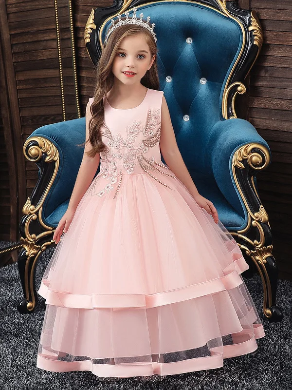 Jewel Neck Cotton Sleeveless Ankle Length Princess Beaded Formal Kids Pageant flower girl dresses Elegant Contour