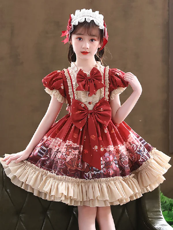 Designed Neckline Tulle Short Sleeves Short A-Line Bows Red Kids Party Dresses Limited Quantities