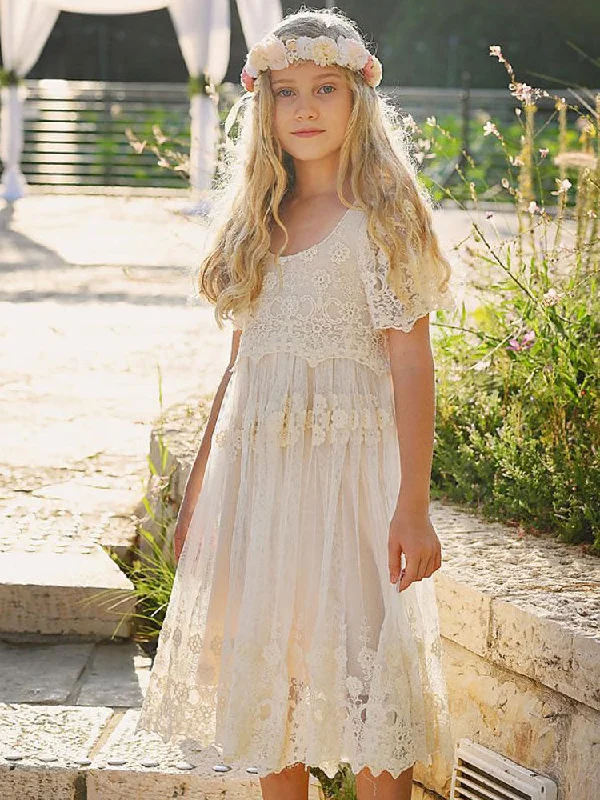 Ivory Jewel Neck Short Sleeves Lace Formal Kids Pageant flower girl dresses Parisian Effortless Chic Style