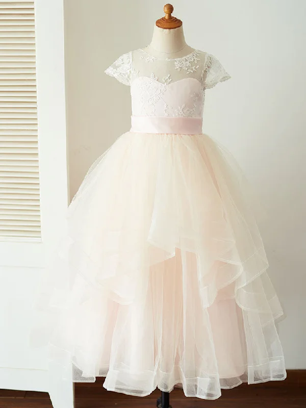 Jewel Neck Tulle Short Sleeves Floor-Length Princess Sash Kids Social Party Dresses Holiday Sale