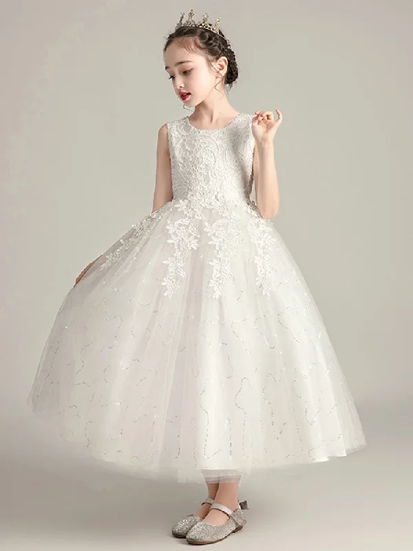 Jewel Neck Polyester Sleeveless Ankle Length Ball Gown Bows Kids Party Dresses Fashion-Forward Style