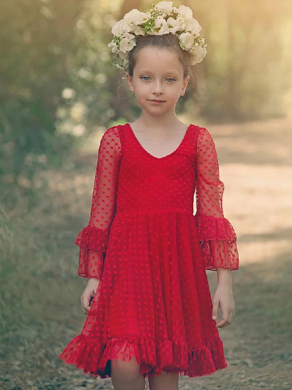 Red V-Neck Long Sleeves Lace Polyester Formal Kids Pageant flower girl dresses Classic Charm