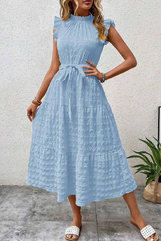 Beau Blue Textured Mock Neck Ruffled Sleeveless Midi Dress Winter Warm - Up Sale