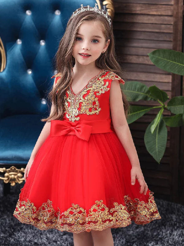 V-Neck Tulle Short Sleeves Short Princess Embroidered Kids Party Dresses Vintage Retro Party Wear