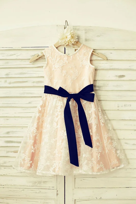 Ivory Lace Blush Pink Lining Flower Girl Dress, Belt Elegant Style