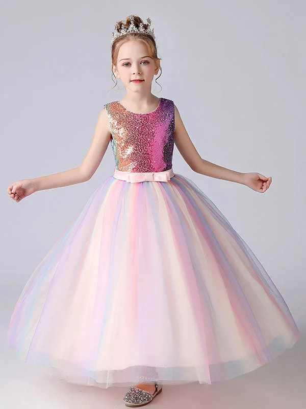 Pink Jewel Neck Sequined Sleeveless Ankle-Length Princess Dress Bows Kids Party Dresses Summer Essentials