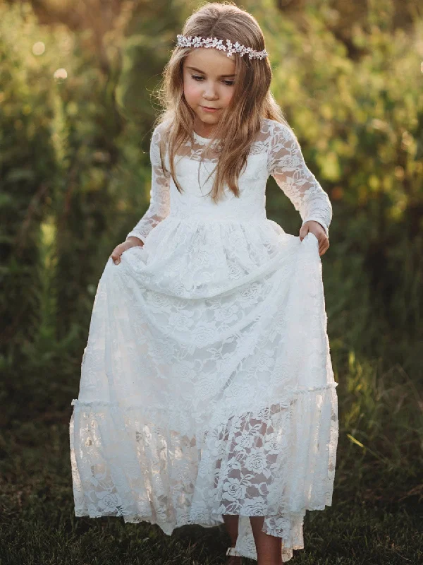 Jewel Neck Long Sleeves Lace Kids Social Party Dresses Budget-Friendly Fashion