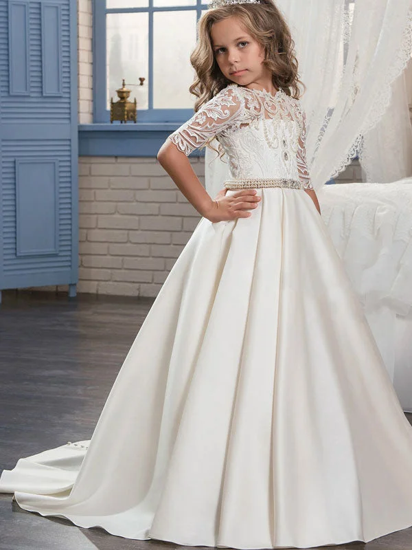 Jewel Neck Half Sleeves Studded Kids Formal Party Dresses Buy More, Save More