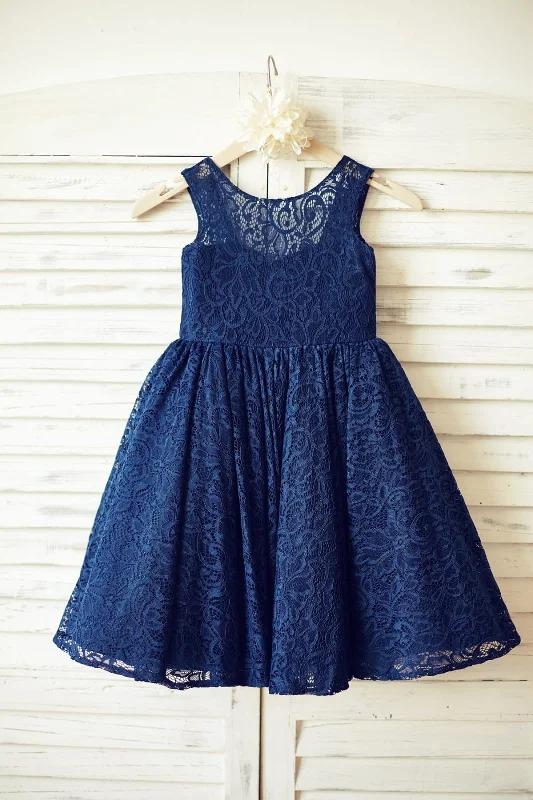 Navy Blue Lace V Back Flower Girl Dress, Big Bow Mid - Season Sale