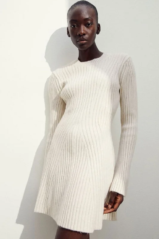 Simple Ribbed Knit Crew Neck Long Sleeve Winter Sweater Mini Dress - Off White Contemporary Elegance