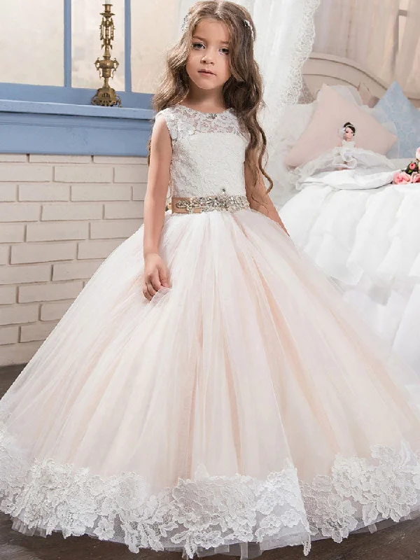 Jewel Neck Lace Sleeveless Ankle Length Ball Gown Studded Kids Pageant flower girl dresses Minimalist Office - Ready Style