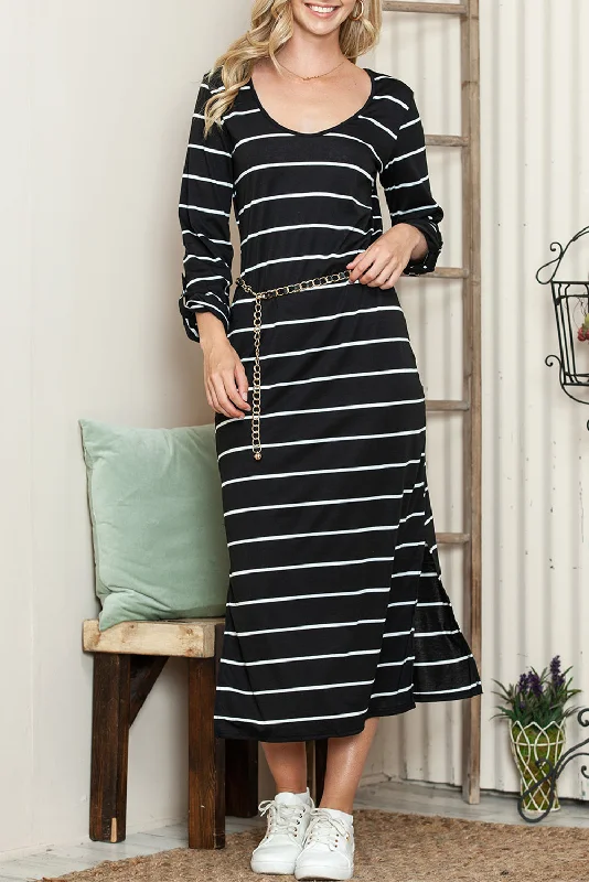 Black Striped Casual Slit High Waist Midi Dress Elevated Style