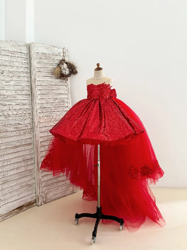 Red Sequin Hi-Low Lace Tulle Detachable Train Wedding Party Flower Girl Dress Y2K Nostalgic Fashion Look