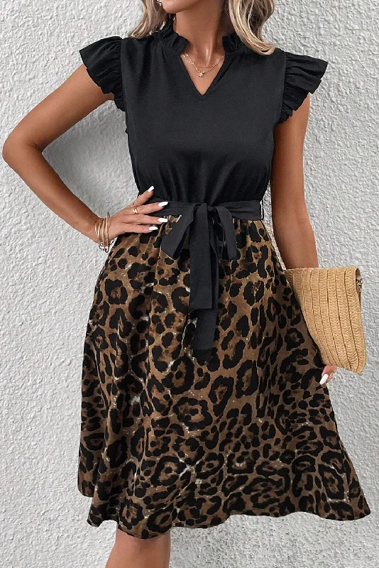 Black Leopard Print Flutter Sleeve Bow Belted Dress Wardrobe Refresh