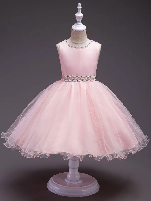 Pink Round Neck Sleeveless Tutu Dress Tulle Rhinestones Studded Girls Dinner Party Dresses Grab Romantic Date - Night Styles Now