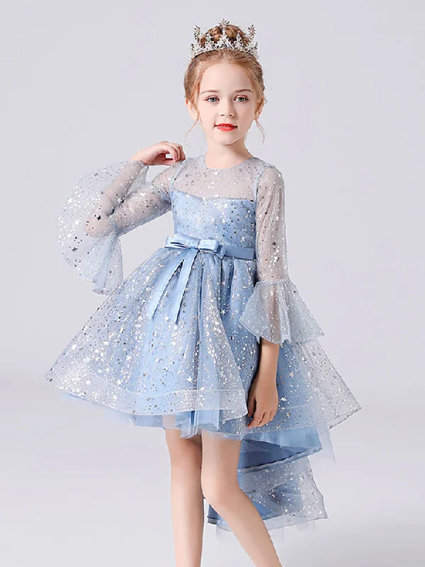 Light Sky Blue Jewel Neck Half Sleeves Sequins Formal Kids Pageant flower girl dresses Romantic Detailing