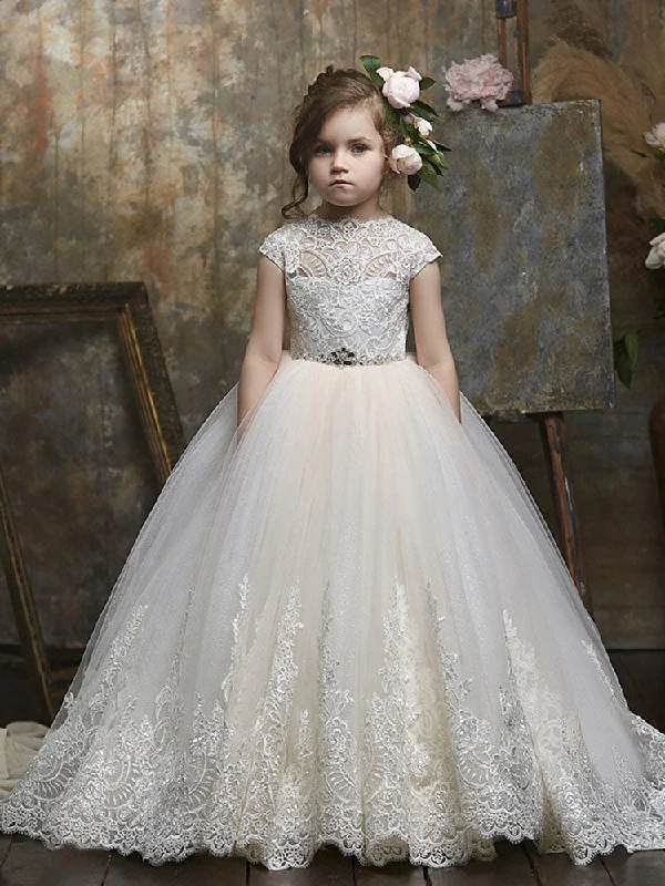 Jewel Neck Lace Short Sleeves Floor-Length Princess Embroidered Formal Kids Pageant flower girl dresses Flash Deals