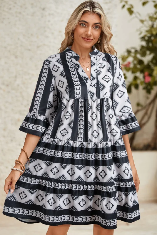 Black Abstract Print Bell Sleeve V Neck Boho Dress Great Deals On Ethnic Cultural Wear